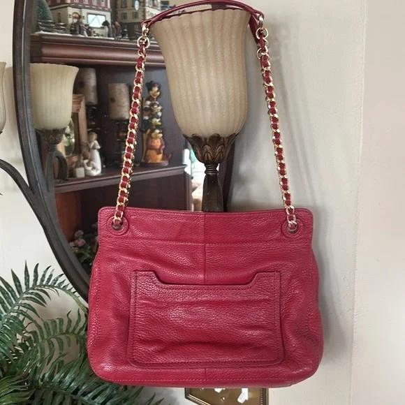 Tory Burch Genuine Leather Red Saddle Bag Gold Tone Chain Woven Shoulder Purse - Picture 8 of 16